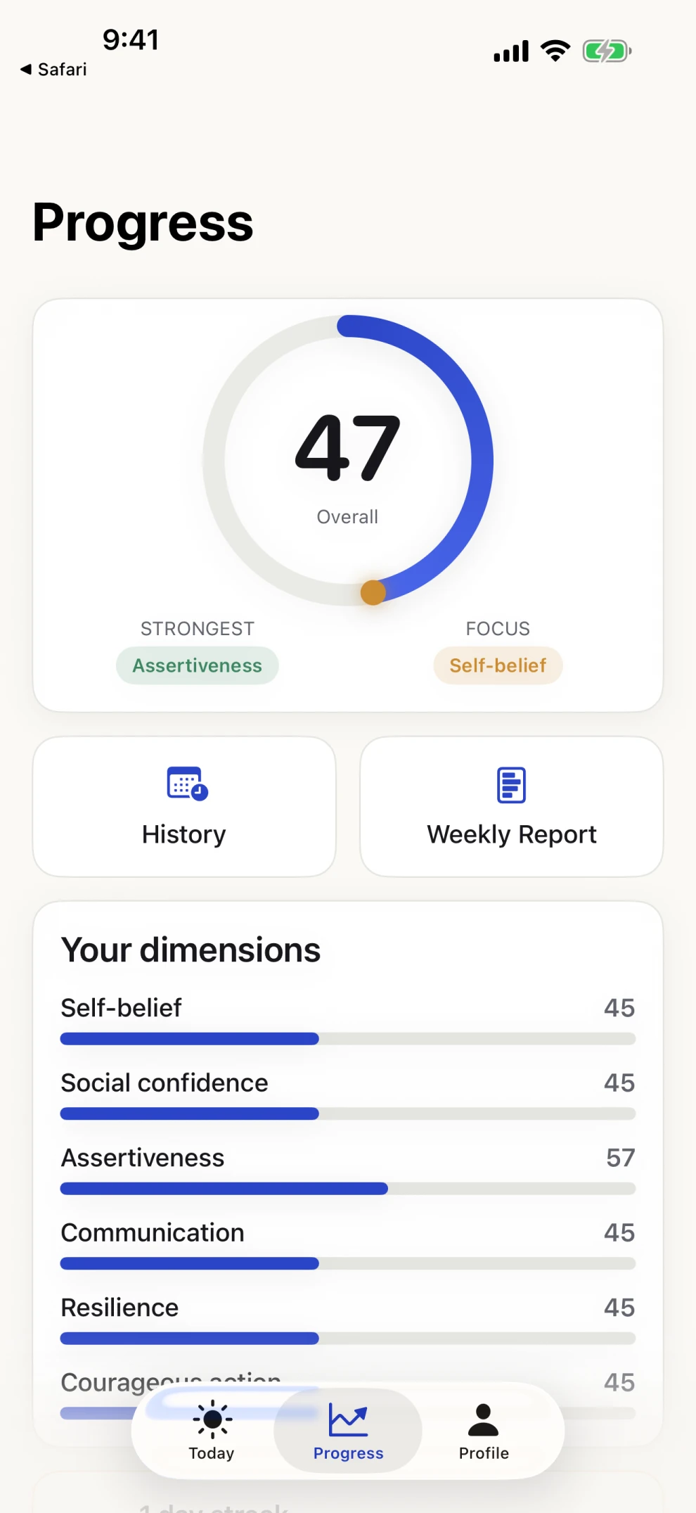 Progress tab with trends and streak calendar