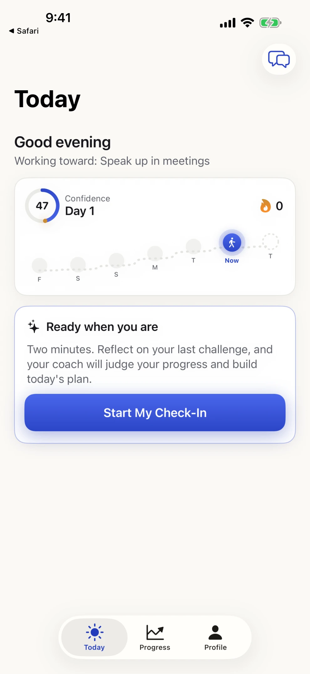 Confidence Coach app, the Today screen with journey path, confidence score and streak